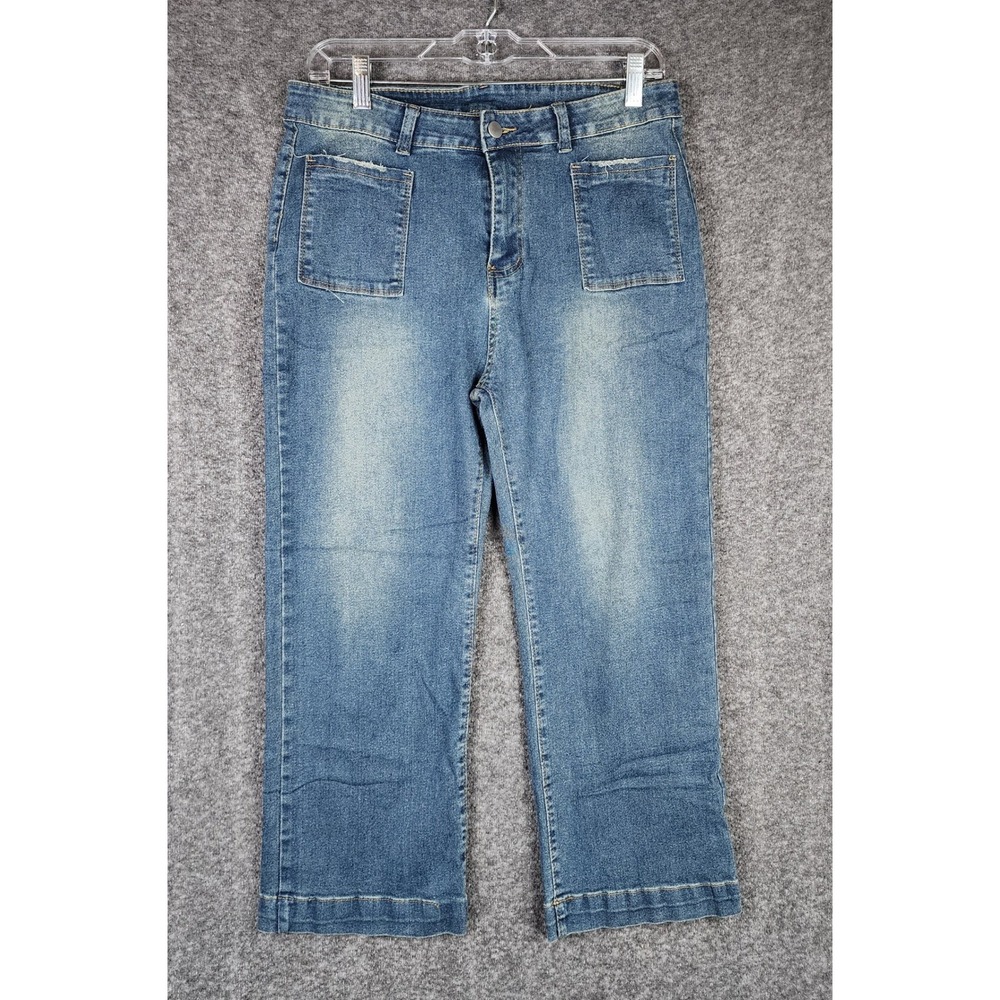 Jeans Wide Leg Pants Womens XL Blue Patch Pocket High Rise Stretch Denim